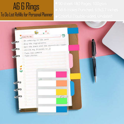 Rancco A6 Planner Inserts To Do List, 90 Pages Colorful 6-Ring Loose-leaf Refills with Divider, Pouch, Ruler