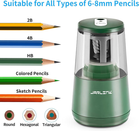 JARLINK Electric Pencil Sharpener, Heavy-Duty Helical Blade for Fast Sharpening, USB/Battery Operated, Green