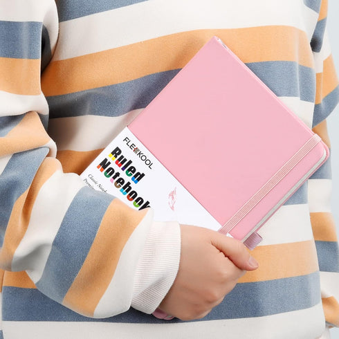Lined Journal Notebook, Hardcover, 216 Pages, A5 College Ruled, 100gsm Thick Paper, Pen Loop, Inner Pocket, Pink
