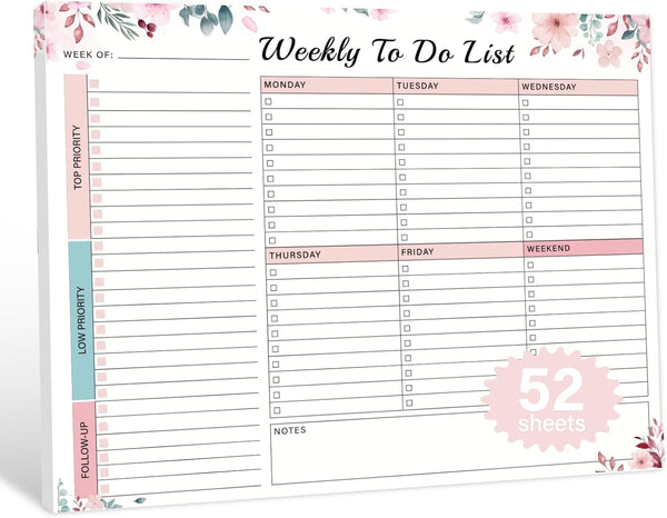 Weekly Desk Planner Pad, 8.5"×11", 52 Undated Tear Off Sheets, Spiral Binding, Pink, Organizer for Work, School, Home