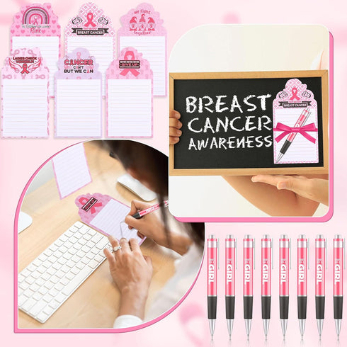 Fulmoon 48 Sets Breast Cancer Awareness Notepad, Ballpoint Pens, Cute Pink Ribbon Memo Pad