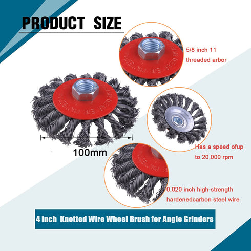 4 Pack 4 Inch Twist Knotted Wire Wheel Brush for Angle Grinder with 5/8 Inch-11 Threaded Arbor, for Heavy-Duty Conditioning for Various Metals