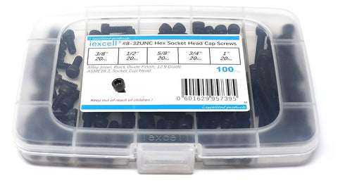 iExcell 100 Pcs SAE #8-32 x 3/8", 1/2", 5/8", 3/4", 1" Alloy Steel Hex Socket Head Cap Screws