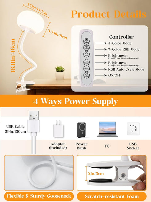 ReinHoo 10 10 Clip on Light, RGB Colors & Warm White Desk Lamp with Clamp, Brightness Reading Light, Night Lamp