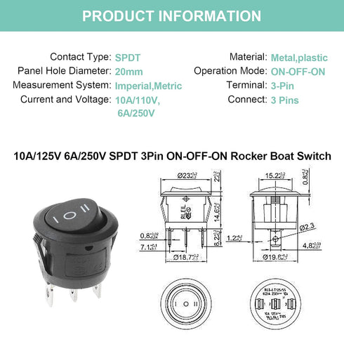 5Pcs SPDT AC 6A/125V 10A/250V 3 Pins Rocker Toggle Switch for Car and Boat KCD1 (Blue)