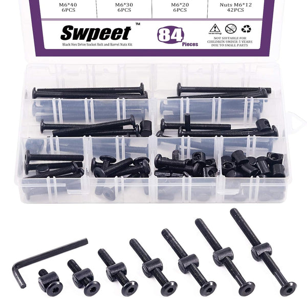 Swpeet 84Pcs Black M6 20/30/40/50/60/70/80mm Crib Hardware Screws Kit, Hex Socket Head Cap