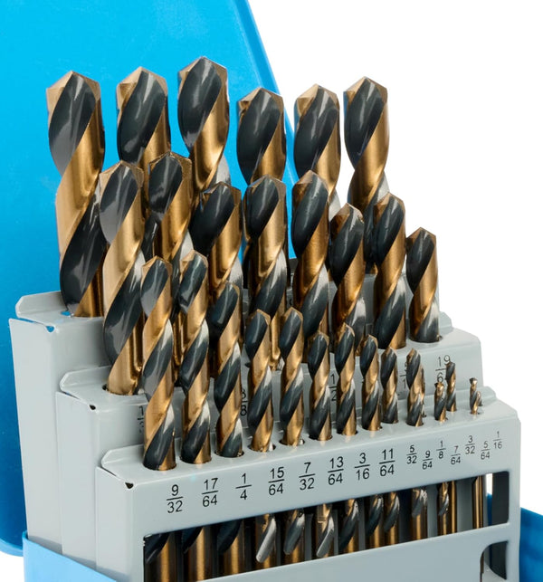 Drill Bit Set, 29Pcs High Speed Steel Bits with Black and Gold Finish for Metals, with Metal Index Storage