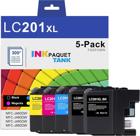 LC201 XL High Yield Ink Cartridges 5-Pack (2BK/1C/1M/1Y) Replacement for Brother Printers