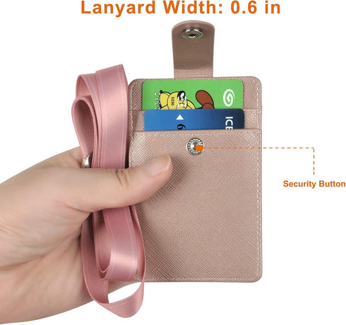 Leather ID Badge Holder Wallet Case with Neck Lanyard/Strap, 3 Card Slots & Retractable Badge Reel (Rose Gold)