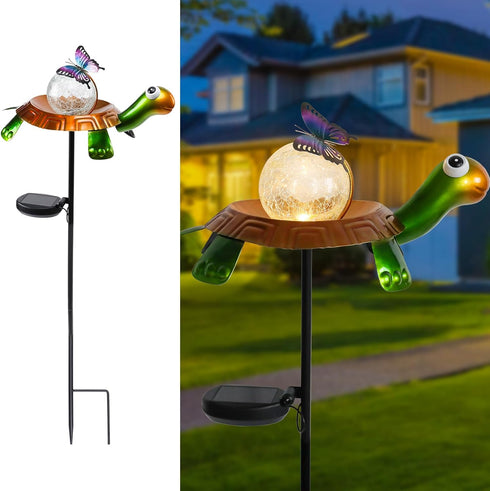 Afirst Solar Lights Outdoor Decorative Metal Turtle Crackle Glass Globe with Butterfly