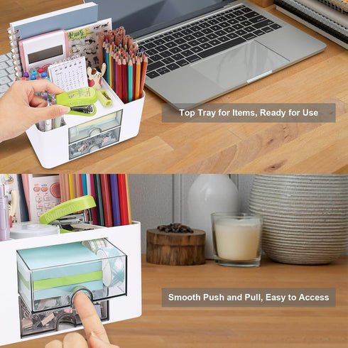 Plastic Pen Organizer, Multifunctional Desk Organizer with 2 Drawers, 4 Compartments for Office, White