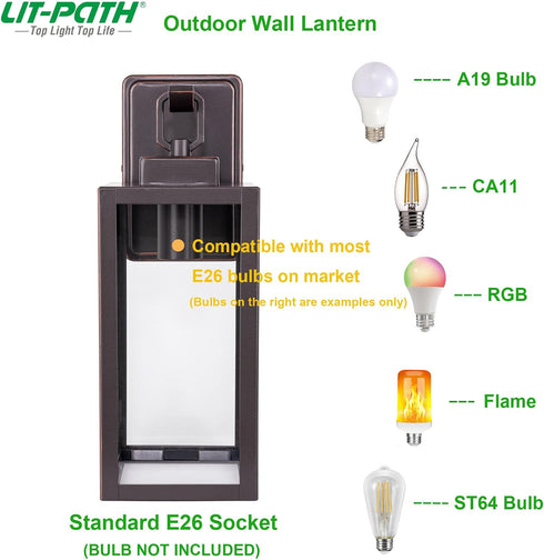 E26 60W, 1-Pack LIT-PaTH Outdoor Wall Lantern, Wall Sconce as Porch Lighting Fixture, Medium Base Max Anti-Rust Metal