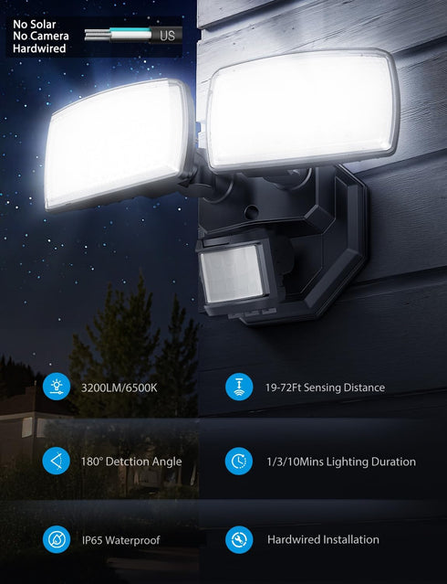 32W 2 3200LM 6500K IP65 Onforu Head Motion Sensor Outdoor Lights, LED Security Light Hardwired, Dusk to Dawn, Motion