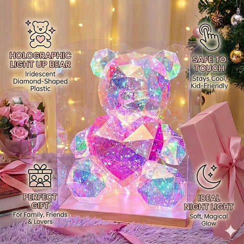 Aladdinas LED Teddy Bear Night Light, Holographic Iridescent Design, Nursery Decor Display Box with Ribbon (Pink Hear