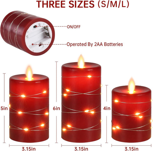 Wax,3 Pack Da by Red Flameless Candles with String Lights, Battery Operated Candles with Remote Control