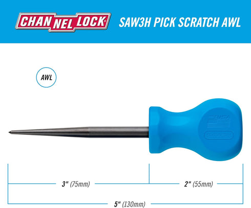 CHANNELLOCK SAW3H 3-inch Professional Scratch Awl Pick, Precision Machined Non-Magnetic, Made in USA