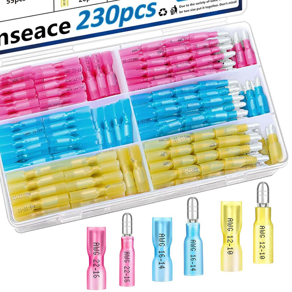 smseace 230PCS Heat Shrink Bullet Connectors Assortment Kit, Waterproof Female & Male Bullet Butt Connectors