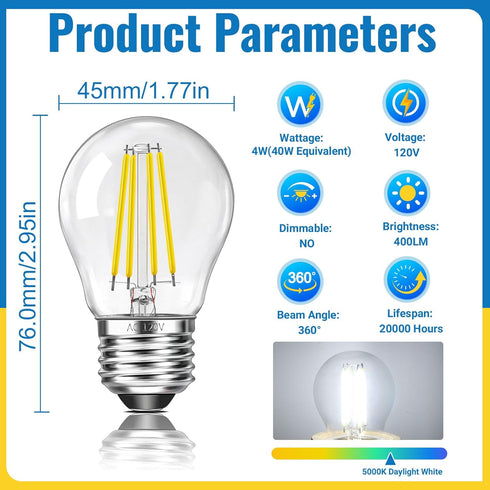 Blakapoo G45 Bulb 4W (40 5000K Bulb, E26 Bulbs Non-Dimmable, 2 Pack LED Edison Filament Watt Equivalent), Daylight LED