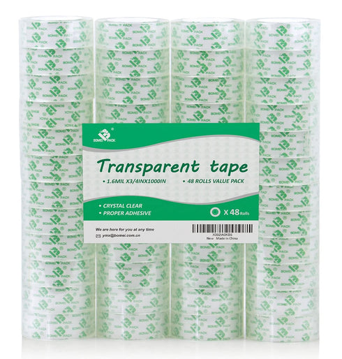 BOMEI PACK 48 Rolls Crystal Clear Transparent Tape, Stationery Tape Refills Rolls