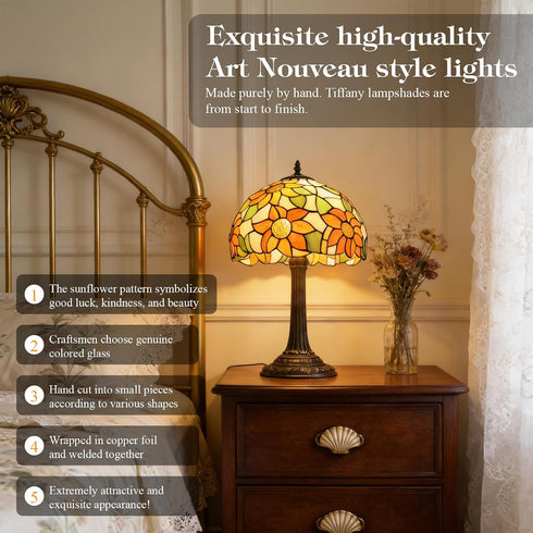 6 Inch Dimmable Bulb 2700K E27 Style Table Lamp with Stained Glass Sunflowers Small Antique Desk Lamp Bedside