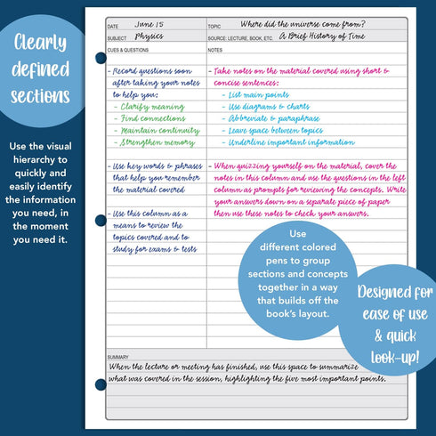 BookFactory Universal Note Taking System (Cornell Notes) - 3 NoteTaking Pads, 50 Pages, 8 1/2" x 11"
