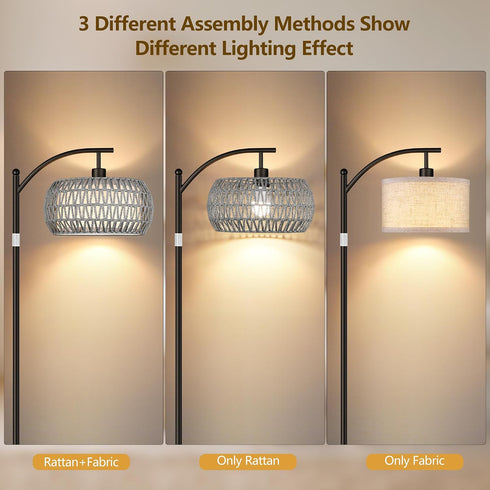 9W Bulb, Rattan Floor Lamps for Living Room, Boho Standing Lamps with Grey Rattan& Linen Double Shades, Arc Lamps Floor