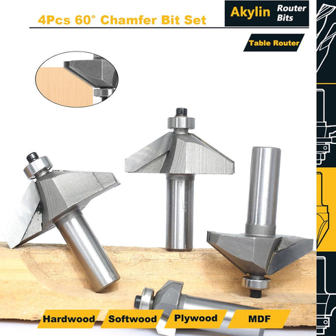 4pcs 60 Set,1/2" Shank,3/16",5/8",3/4" 7/8" Degree Chamfer Bit and Cutting Depth, Horse Nose Router Bits,Eased Eage