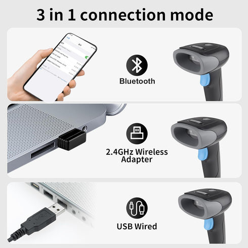 Wireless Barcode Scanner 1D QR Scanner Wireless Handheld Laser Bar Code Reader 3-in-1 with Bluetooth & 2.4G Wireless & USB Wired Works with iPad, Android Phone, iPhone, Laptop-U26