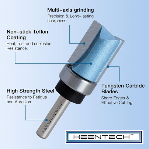 Router Bits 1/4" Shank, Flush Trim Router Bit, Top Bearing Carbide Tipped Pattern Bit, Template Straight Heavy Duty Woodworking Trimming Cutting Tool for Wood, 1/2" Diameter, 3/4" Depth