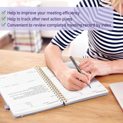 WEMATE Simplified Meeting Notebook, 200 Pages with Action Items, PU Leather Hardcover for Project Planner - Light Purple