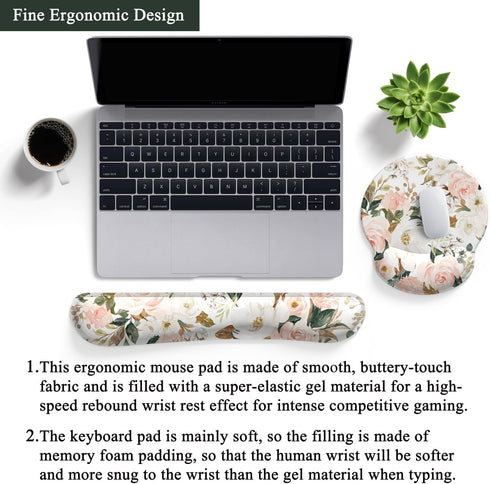 Pink Flower Desktop Mat, Aesthetic Wrist Support Keyboard Mouse Wrist Rest Set for Comfortable Typing & Pain Relief