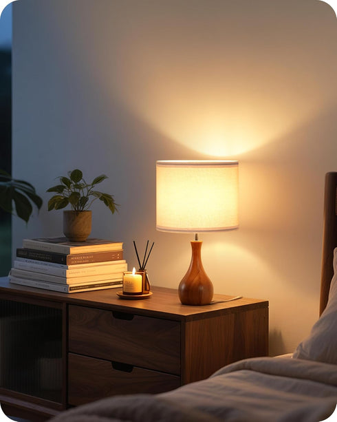 E26 LW09TL05 Small Table Lamp, Wood Bedside Lamp with White Linen Lampshade & Dark Wood Base, Mid Century Modern