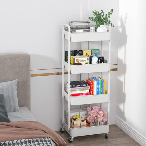 Sywhitta 4-Tier Plastic Rolling Utility Cart - Multi-Functional Storage Trolley with Handle for Office, Living Room,
