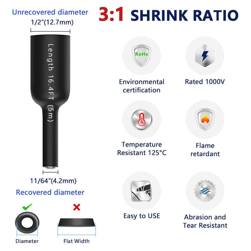1/2inch Heat Shrink Tubing, 16.4 Ft 3:1 Dual Wall Adhesive Lined, Waterproof Marine Shrink Wrap Tubing for Wire