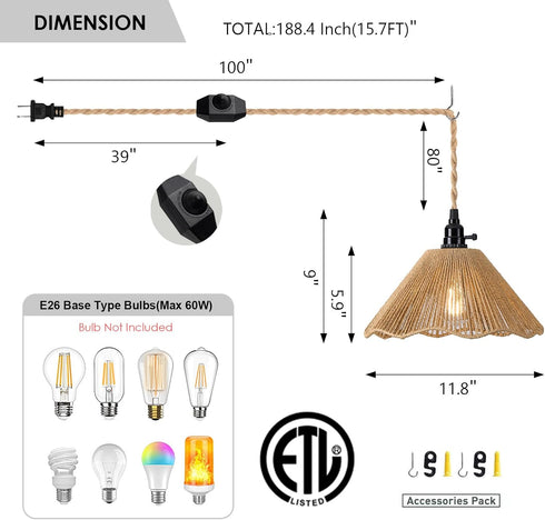 15FT Dimmable Plug in Pendant Light Farmhouse Hanging Lamp Fixtures with Switc Adjustable Height Hanging Light Pendant