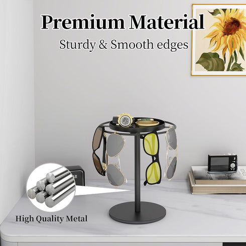LSK Metal Sunglasses Organizer, Glasses Holder Stand with Storgae Tray, Eyeglasses Holder with Anti-Slip Pads for Tabletop, Desk, Dresser, Matte Black