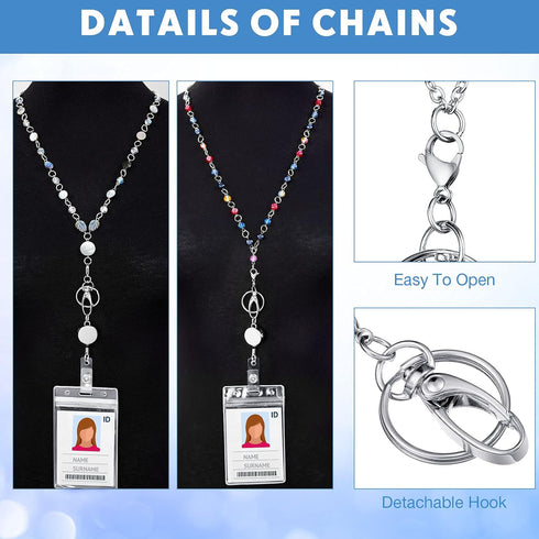 Pangda 4 Sets Retractable Badge Lanyard Necklaces | ID Card Holders Beaded Badge Reel Stainless Steel for Women