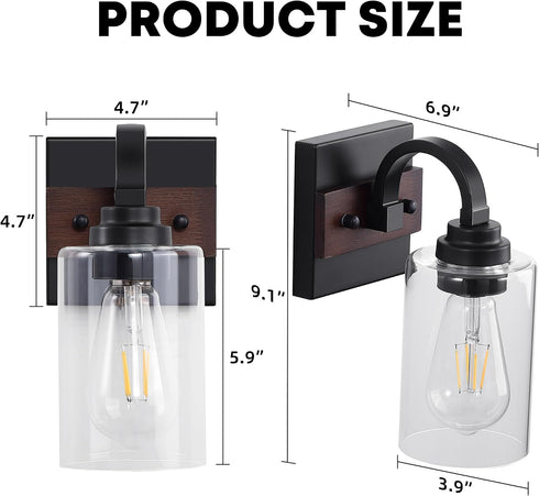 1-Light Mecgirn Black Wall Sconces, Farmhouse Vanity Light Fixtures for Bathroom, Wood Wall Lighting with Clear Glass