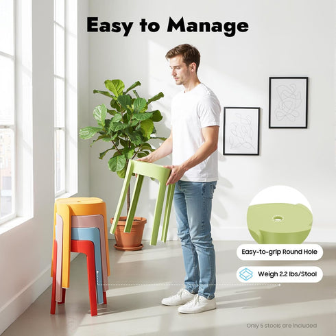 HinLIaDa 5 Pack 18" Plastic Stackable Stools, Plastic Round Stools, Colorful Nesting Stools, Portable Multipurpose