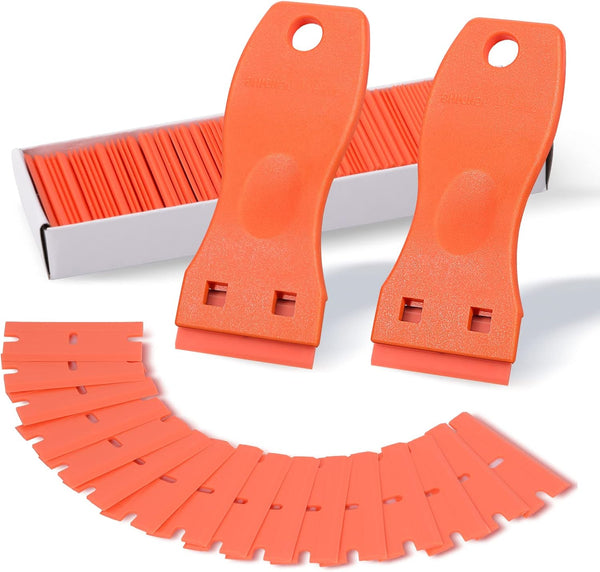 FOSHIO 2PCS Orange Plastic Razor Blade Scraper Tool with 100PCS Blades for Sticker and Adhesive Removal