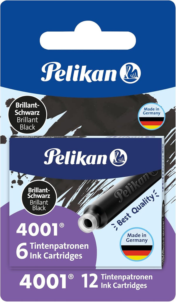 Pelikan 4001 TP/6 Brilliant Black Ink Cartridges for Fountain Pens, 0.8ml, 12 Pack (330803)