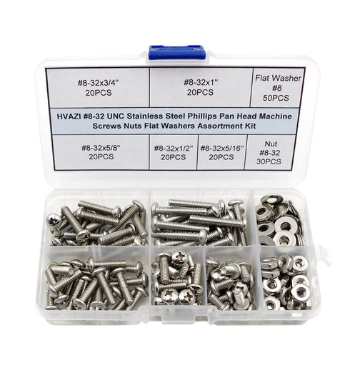 #8-32 UNC Stainless Steel Phillips Pan Head Machine Screws Nuts Flat Washers Assortment Kit