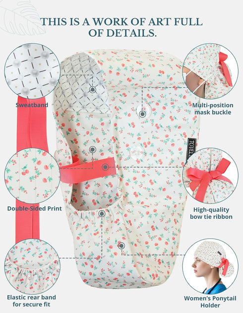 Scrub Caps Women Ponytail Light Beige Cherry Double-Sided Printed Surgical Hat with Buttons and Sweatband, Soft Nurse