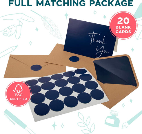 Set 20 Pack 4x6 VNS Creations Bundle - Thank You Cards With Envelopes Bulk & Stickers - - Navy Blue and Navy Blank