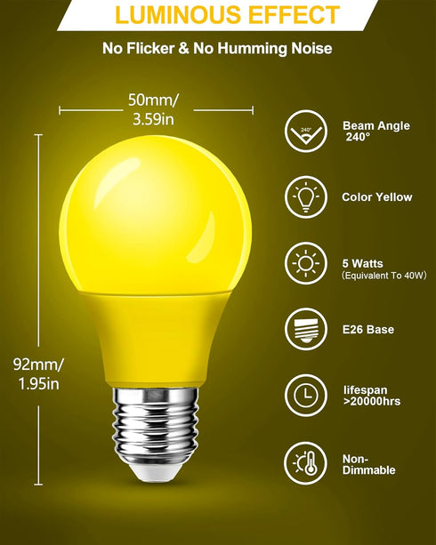 2 Pack A15 Bulbs 40Watt E26 5W Non-Dimmable LED Yellow Bug Light for Outdoor, Equivalent Base, Amber Yellow Lighting
