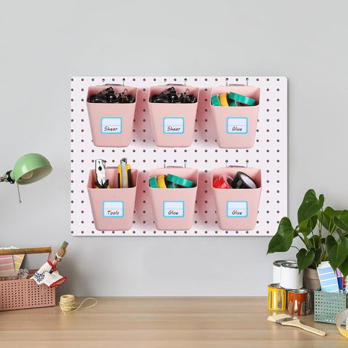 Namalu 12 Pack Peg Board Storage Bins - Square Box Shape with Labels and Hooks for Craft Room Wall Holder, Pink