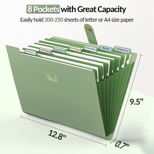 Sooez Aesthetic Expanding File Folder, 8 Pocket Portable Organizer for Important Documents, Light Green