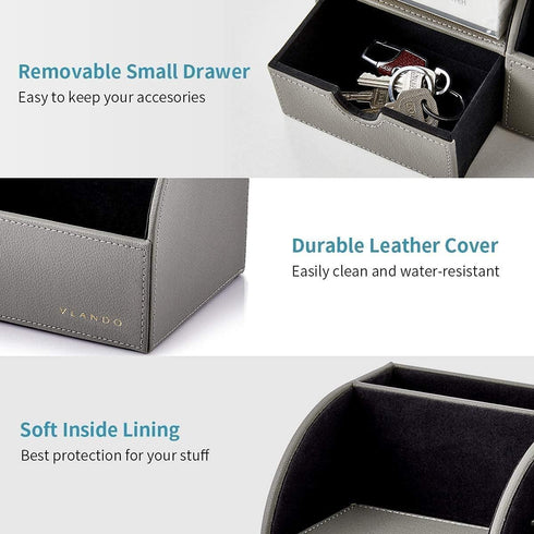 Vlando Office Desk Organizer, Leather Caddy with Drawer for Storing Desktop Supplies and Accessories, Grey Set