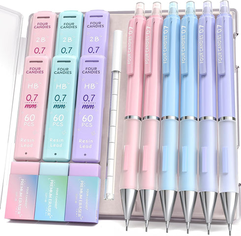 Four Candies 0.7mm Mechanical Pencil Set, 6PCS Cute Pencils with Lead Refills and Erasers