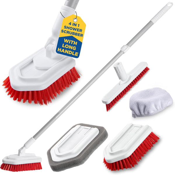 Shower Scrubber with Long Handle, Stiff Bristles Grout-Brush, Tub Scrub-Brush with Long-Handle,